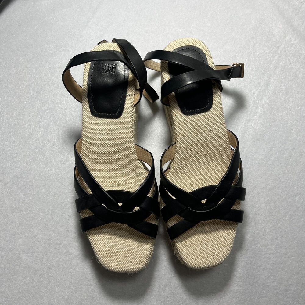 Open Toe Wedge Women Size 36 Black Ankle Buckle Strap Heel Sandals Costal
